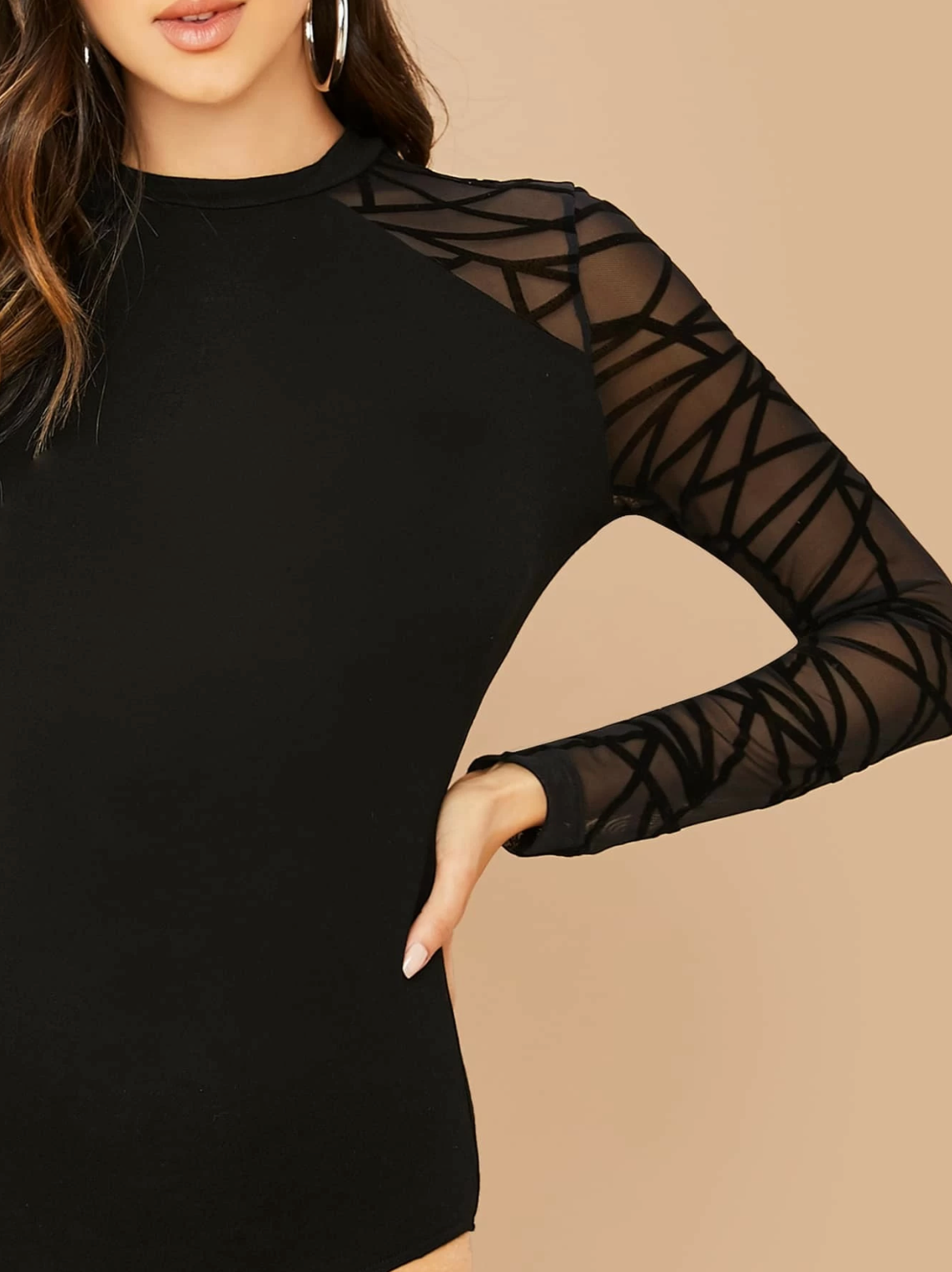Geo Mesh Sleeve Form Fitted Bodysuit - 0132