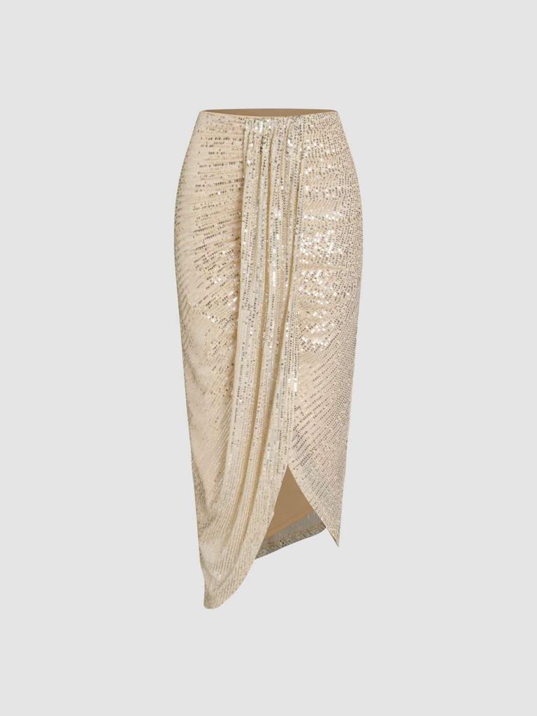 Cider Sequins High Waist Solid Ruched Midi Skirt