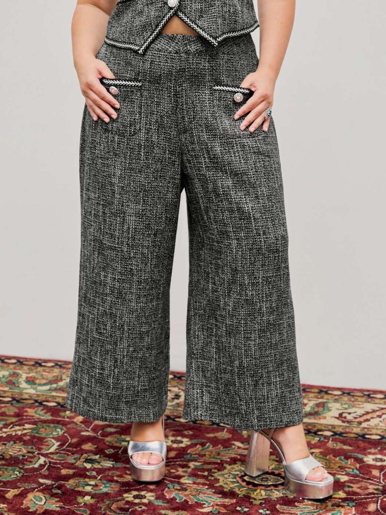 Cider Tweed Middle Waist Solid Button Wide Leg Trousers