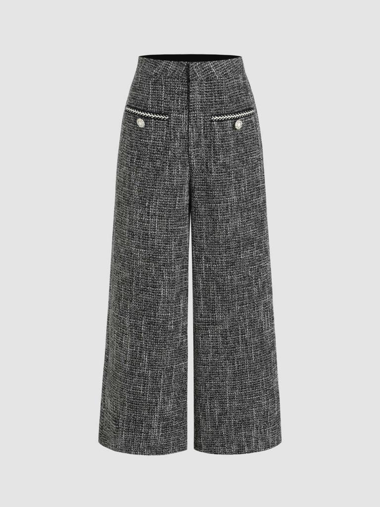 Cider Tweed Middle Waist Solid Button Wide Leg Trousers