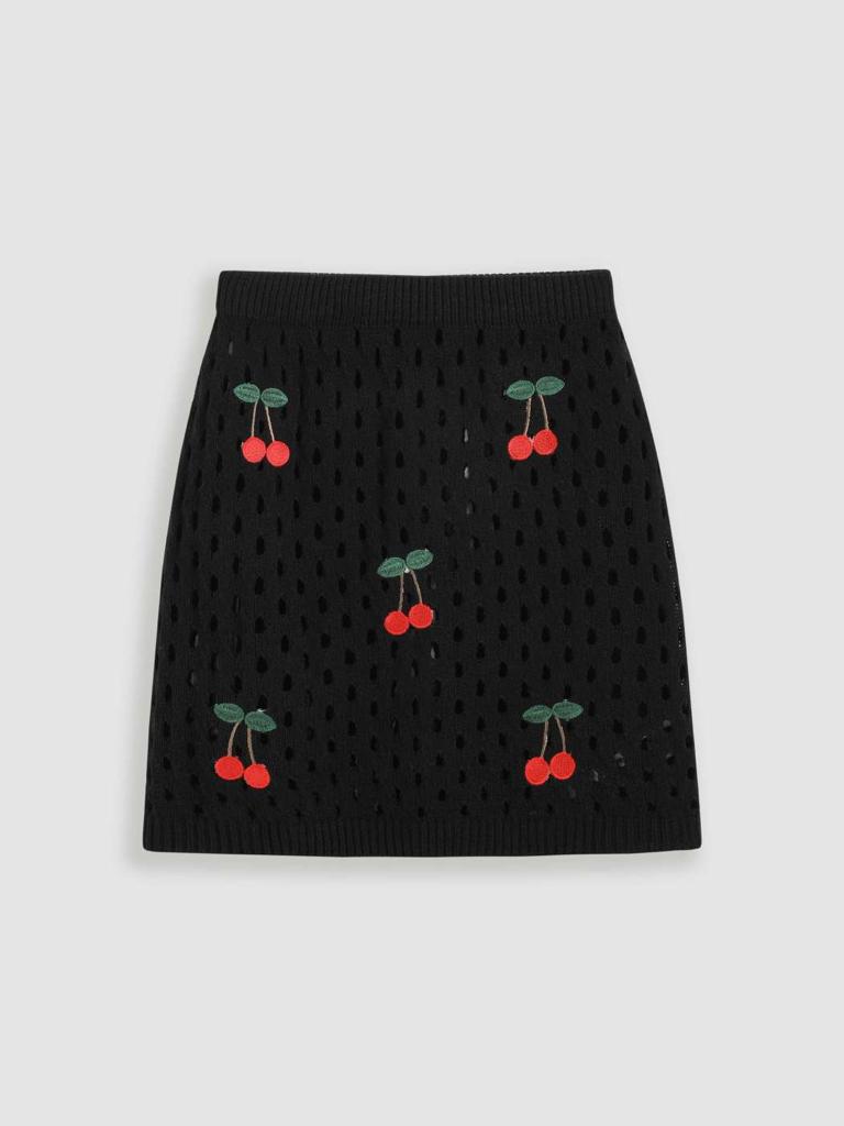 Cider Knit Middle Waist Cherry Pattern Hollow Out Mini Skirt