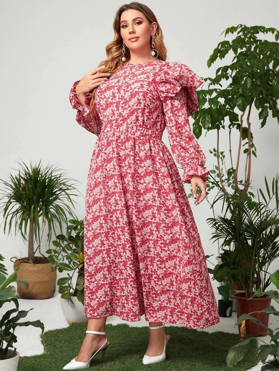 Plus Ditsy Floral Print Ruffle Trim Flounce Sleeve Top & Skirt - 0040