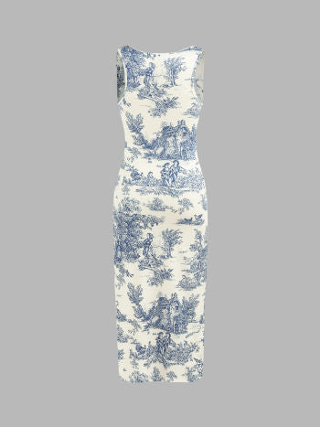 Cider Toile de Jouy Ruched Split Maxi Dress