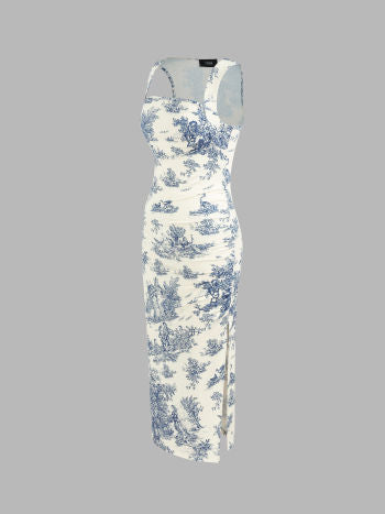 Cider Toile de Jouy Ruched Split Maxi Dress