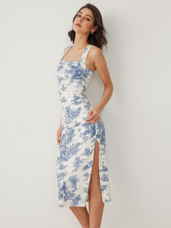 Cider Toile de Jouy Ruched Split Maxi Dress