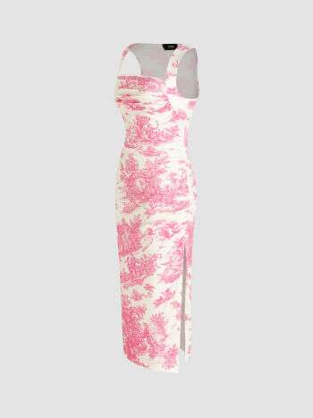 Cider Toile de Jouy Ruched Split Maxi Dress