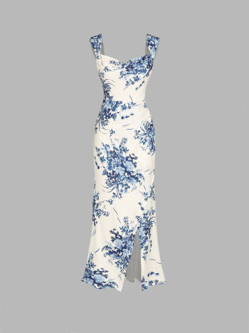 Cider Square Neck Solid Floral Split Maxi Dress