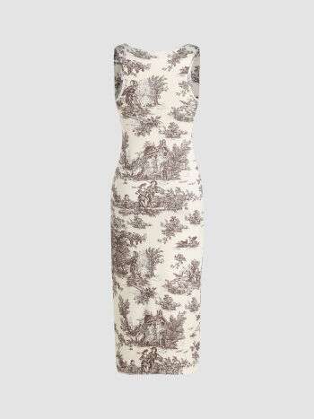 Cider Toile de Jouy Ruched Split Maxi Dress