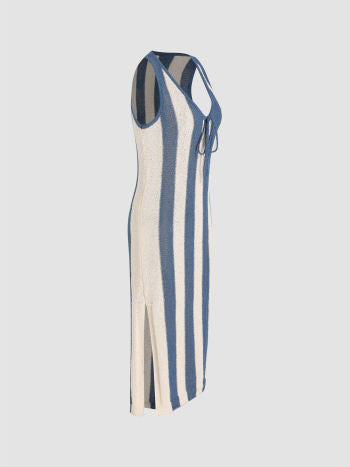 Cider Knit Stripe U-neckline Split Bowknot Tank Maxi Dress