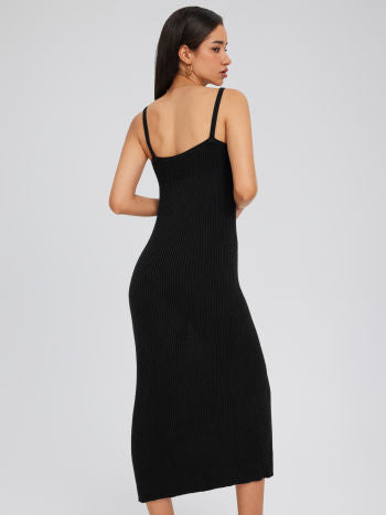 Cider Knit V-neck Solid Split Cami Maxi Dress