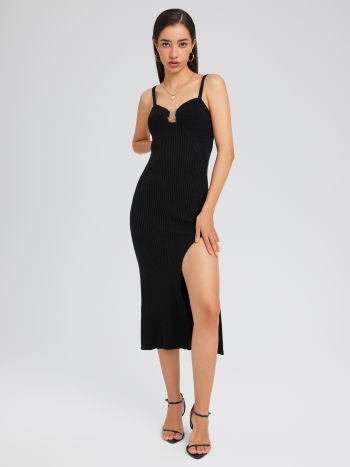 Cider Knit V-neck Solid Split Cami Maxi Dress