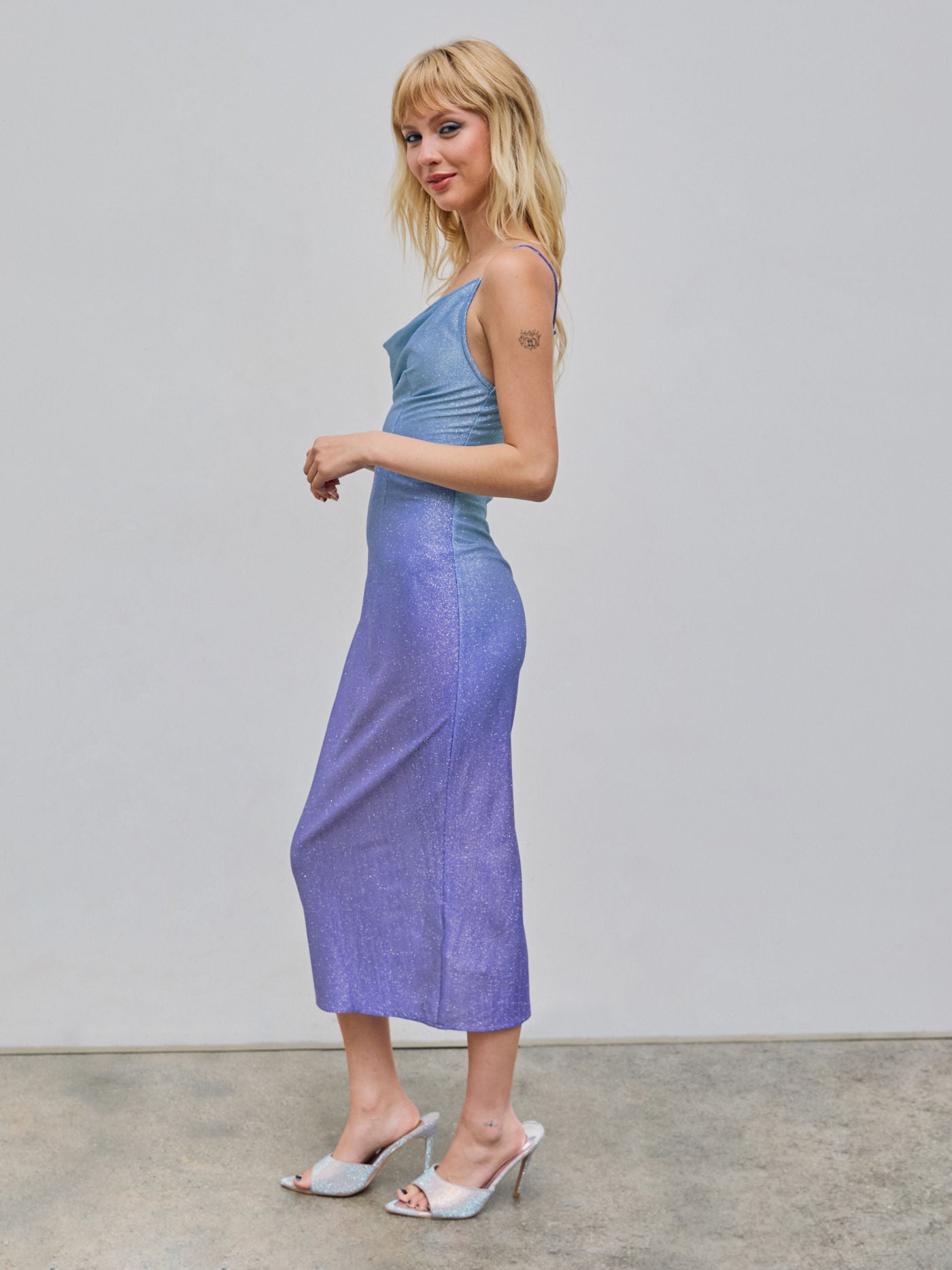 Cider Metallic Cowl Neck Ombre Split Maxi Dress