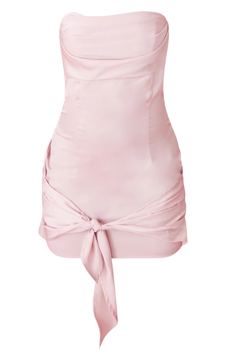 PRETTY LITTLE THINGS ROSE SATIN BANDEAU DRAPE TIE DETAIL BODYCON DRESS