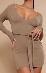 PRETTY LITTLE THINGS LONG SLEEVE TIE WAIST OPEN BACK BODYCON DRESS