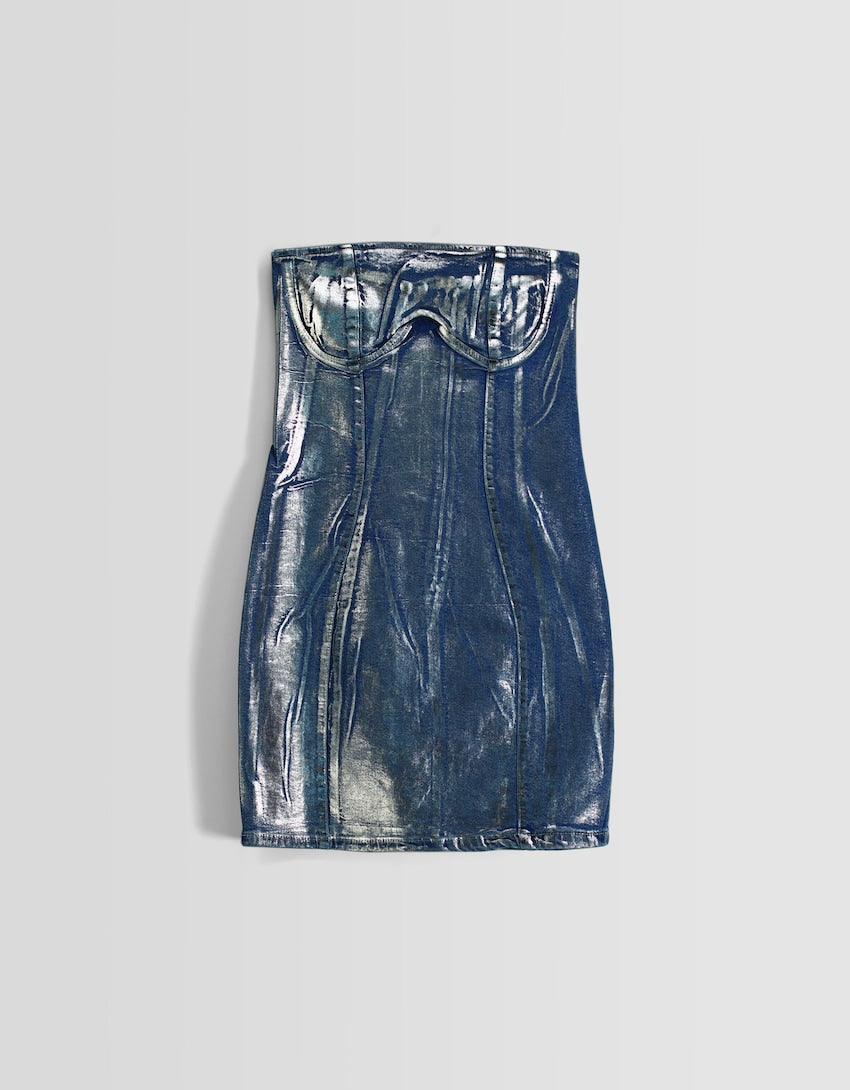 Bershka Metallic denim bandeau mini dress