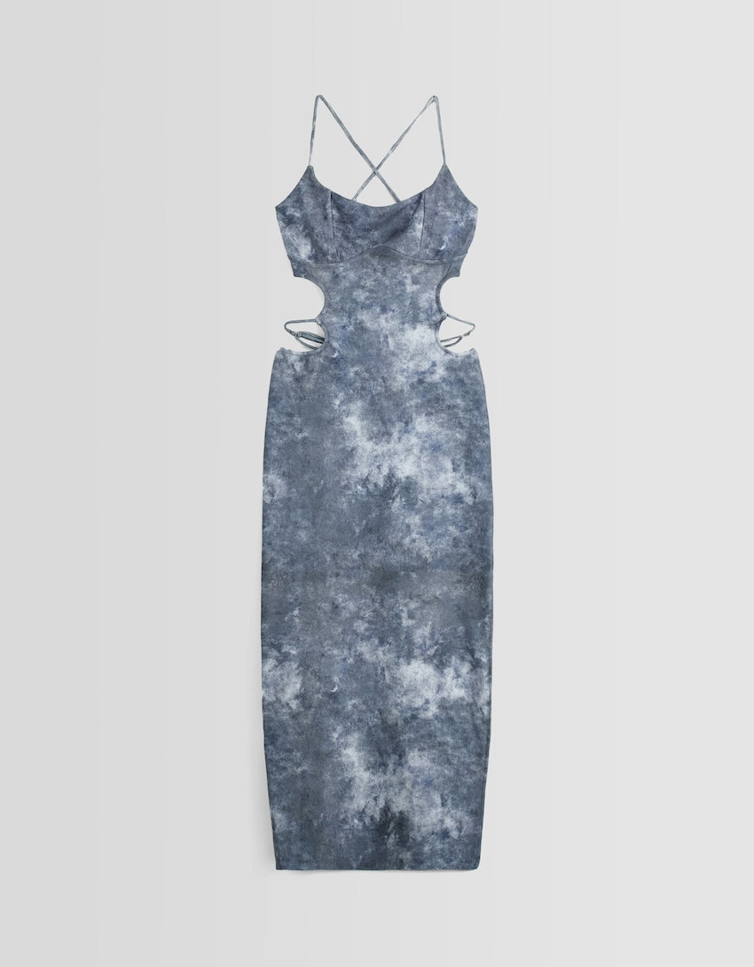 Bershka Printed ribbed cut-out strappy midi dress