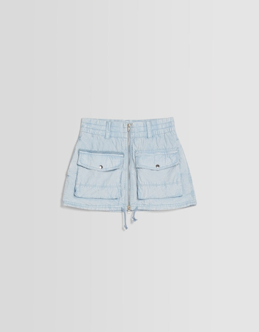 Bershka Faded-effect denim mini cargo skirt