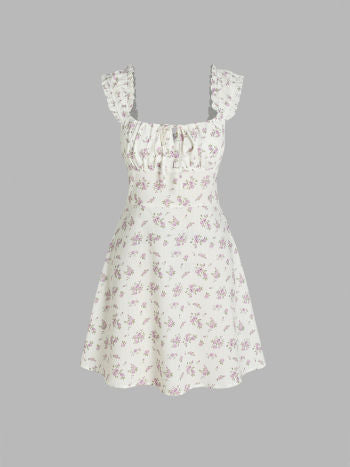 Cider Disty Floral Square Neck Drawstring Ruched Short Dress