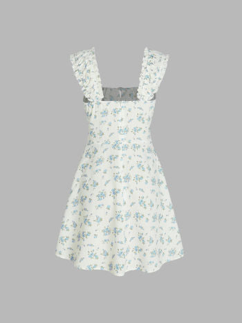 Cider Disty Floral Square Neck Drawstring Ruched Short Dress