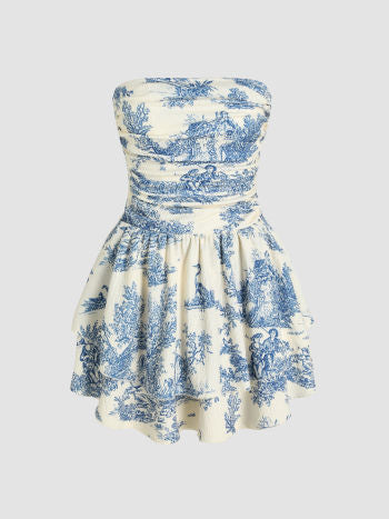 Cider Toile de Jouy Shirred Ruched Mini Dress