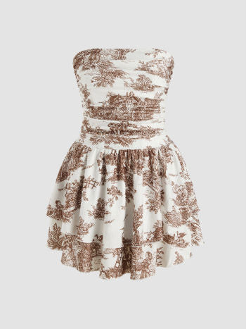 Cider Toile de Jouy Shirred Ruched Mini Dress