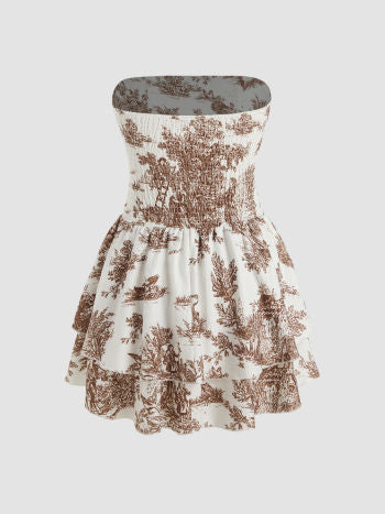 Cider Toile de Jouy Shirred Ruched Mini Dress