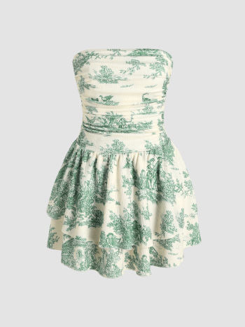 Cider Toile de Jouy Shirred Ruched Mini Dress