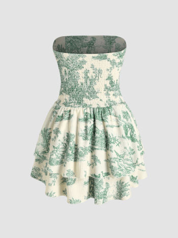 Cider Toile de Jouy Shirred Ruched Mini Dress