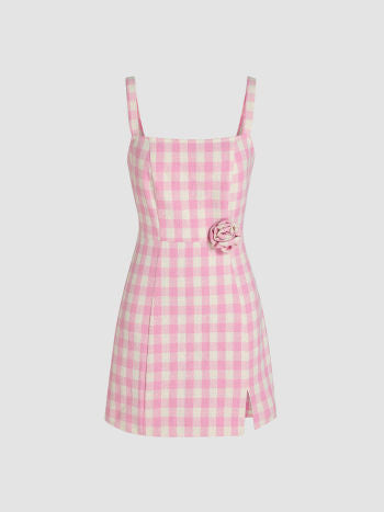 Cider Square Neck Rosette Check Split Mini Dress