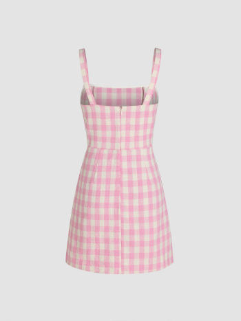 Cider Square Neck Rosette Check Split Mini Dress