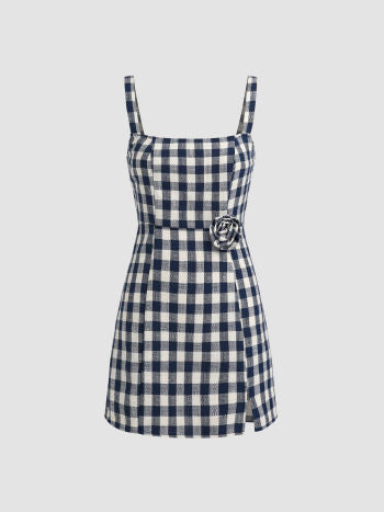 Cider Square Neck Rosette Check Split Mini Dress