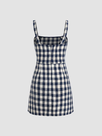 Cider Square Neck Rosette Check Split Mini Dress