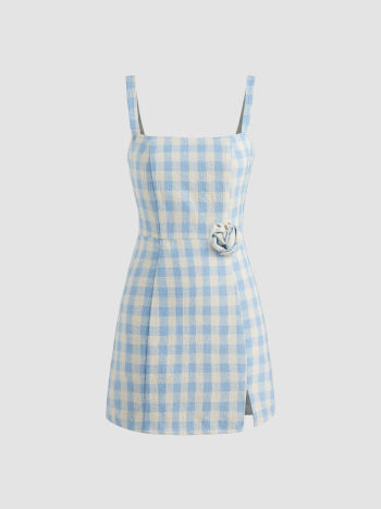 Cider Square Neck Rosette Check Split Mini Dress