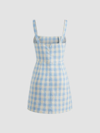 Cider Square Neck Rosette Check Split Mini Dress