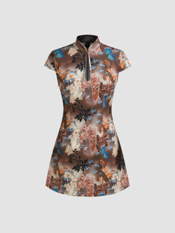 Cider Floral Mandrian Collar Short Sleeve Mini Dress