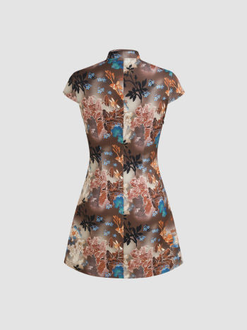 Cider Floral Mandrian Collar Short Sleeve Mini Dress