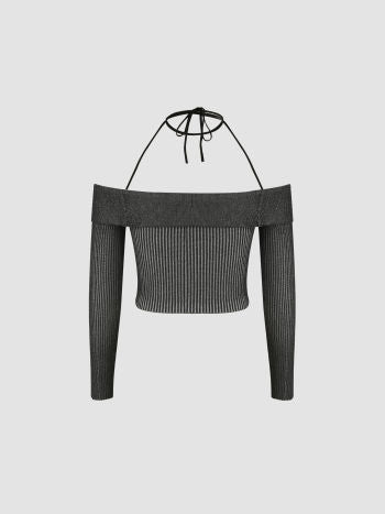 Cider Solid Knit Halter Off-shoulder Long Sleeve Top