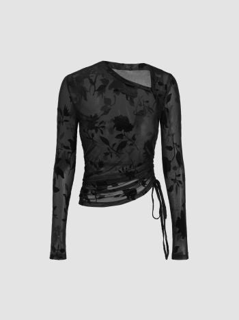 Cider Jacquard Asymmetrical Drawstring Long Sleeve Top