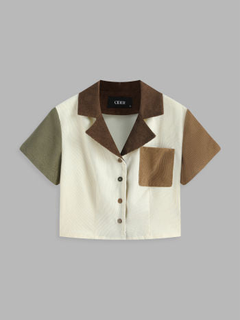 Cider Patchwork Collar Short Sleeve Blouse