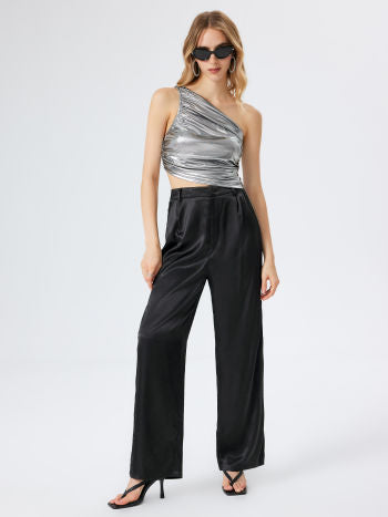 Cider Metallic Asymmetrical Neck Ruched Tank Top