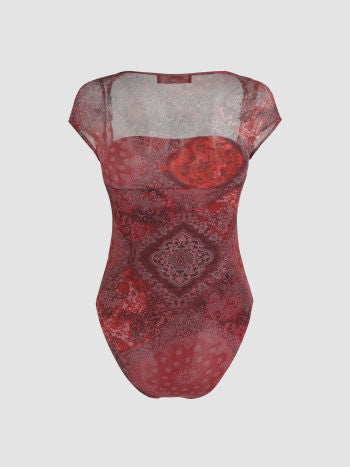 Cider Mesh Aztec Square Neck Bodysuit