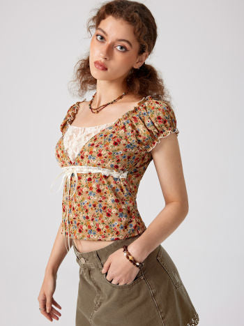 Cider Floral Lace Knotted Short Sleeve Top