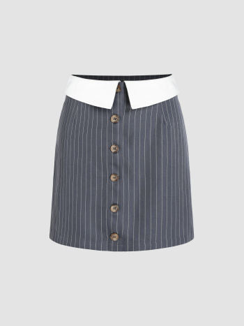 Cider Turn-up Waist Stripe Button Mini Skirt