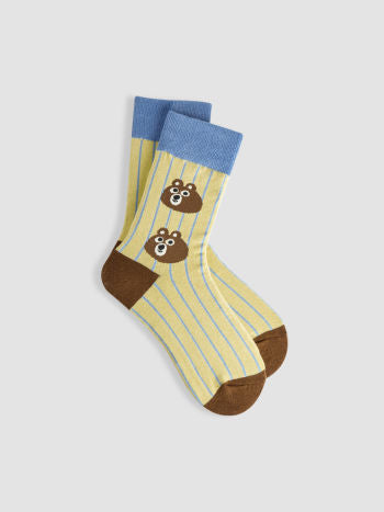 Cider Bear Pattern Stripe Crew Socks