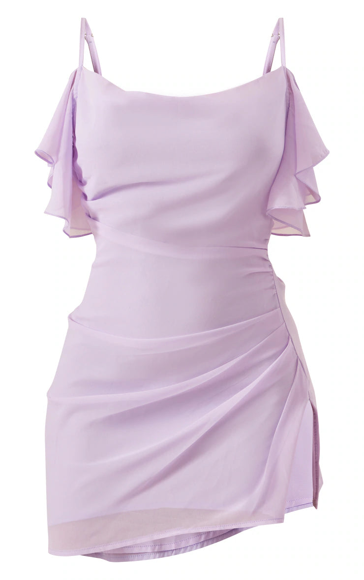 PRETTY LITTLE THING  LILAC CHIFFON DRAPE COWL DETAIL STRAPPY SHIFT DRESS