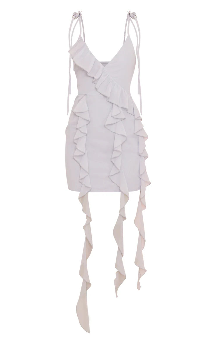 PRETTY LITTLE THING BLUE GREY CHIFFON FRILL DRAPE DETAIL STRAPPY SHIFT DRESS