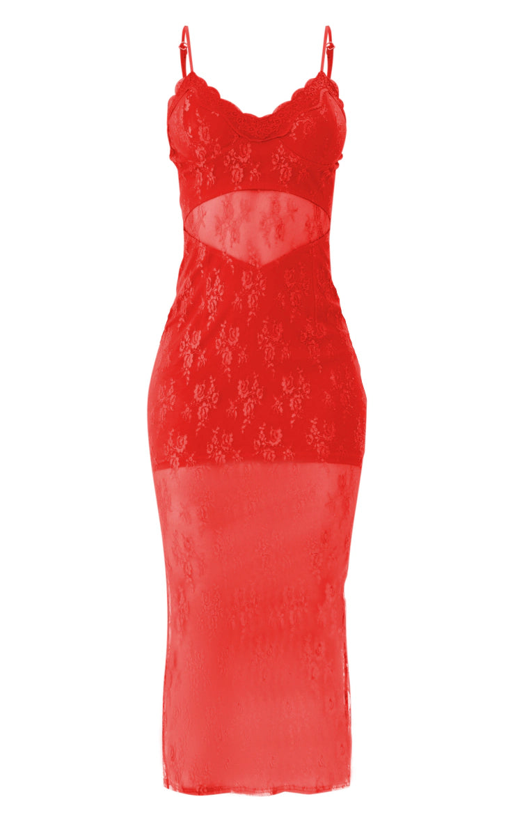 PRETTY LITTLE THING RED LACE CUT OUT DETAIL STRAPPY MIDAXI DRESS