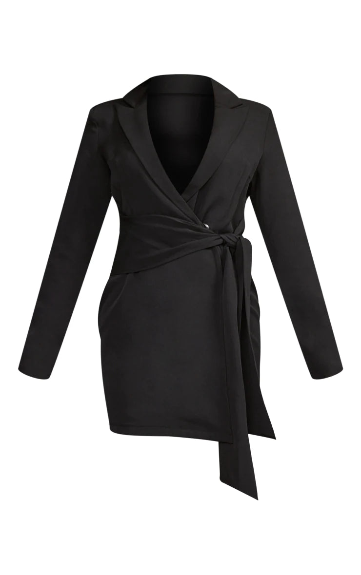 PRETTY LITTLE THING BLACK WRAP DETAIL BLAZER DRESS