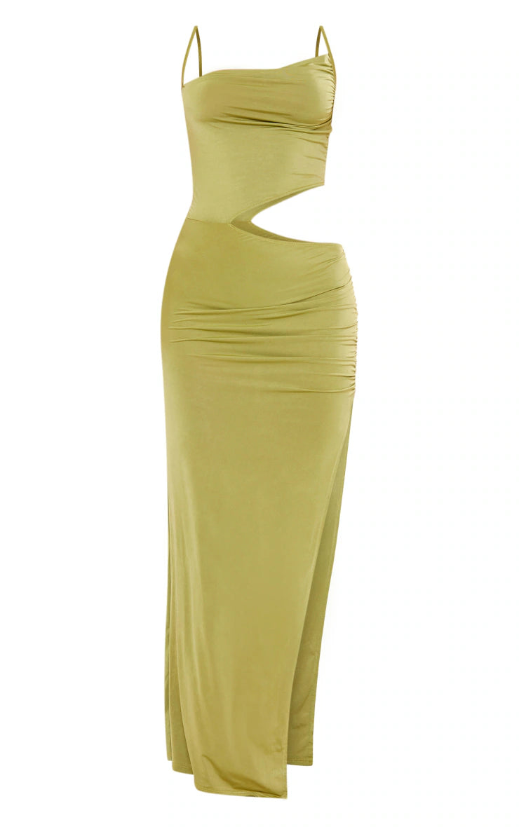 PRETTY LITTLE THING OLIVE SLINKY COWL SIDE CUT OUT DETAIL STRAPPY MAXI DRESS