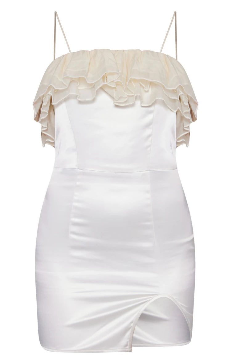 PRETTY LITTLE THING CREAM ORGANZA FRILL STRAPPY SATIN BODYCON DRESS